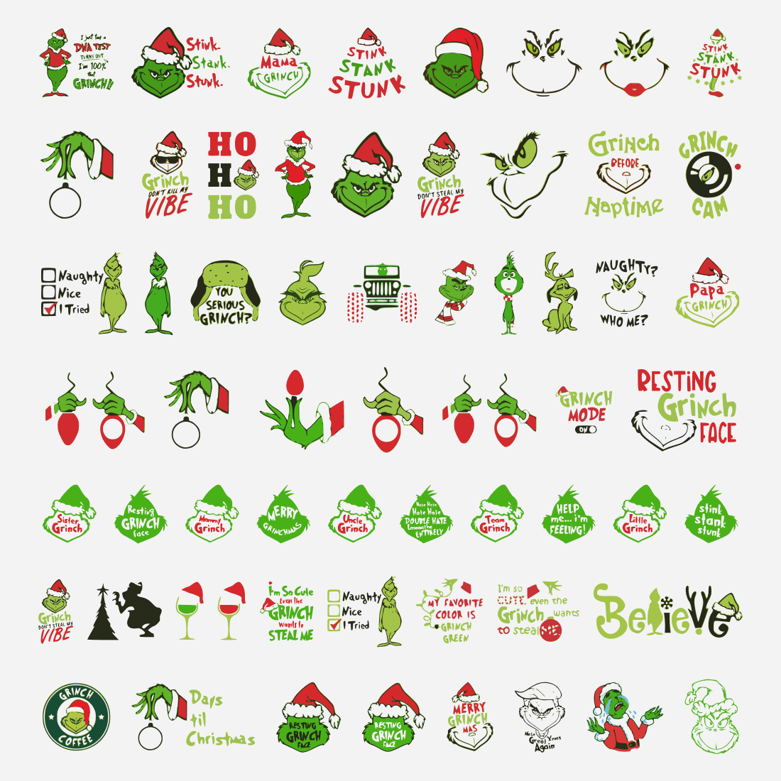 Different moods on the Grinch's face.