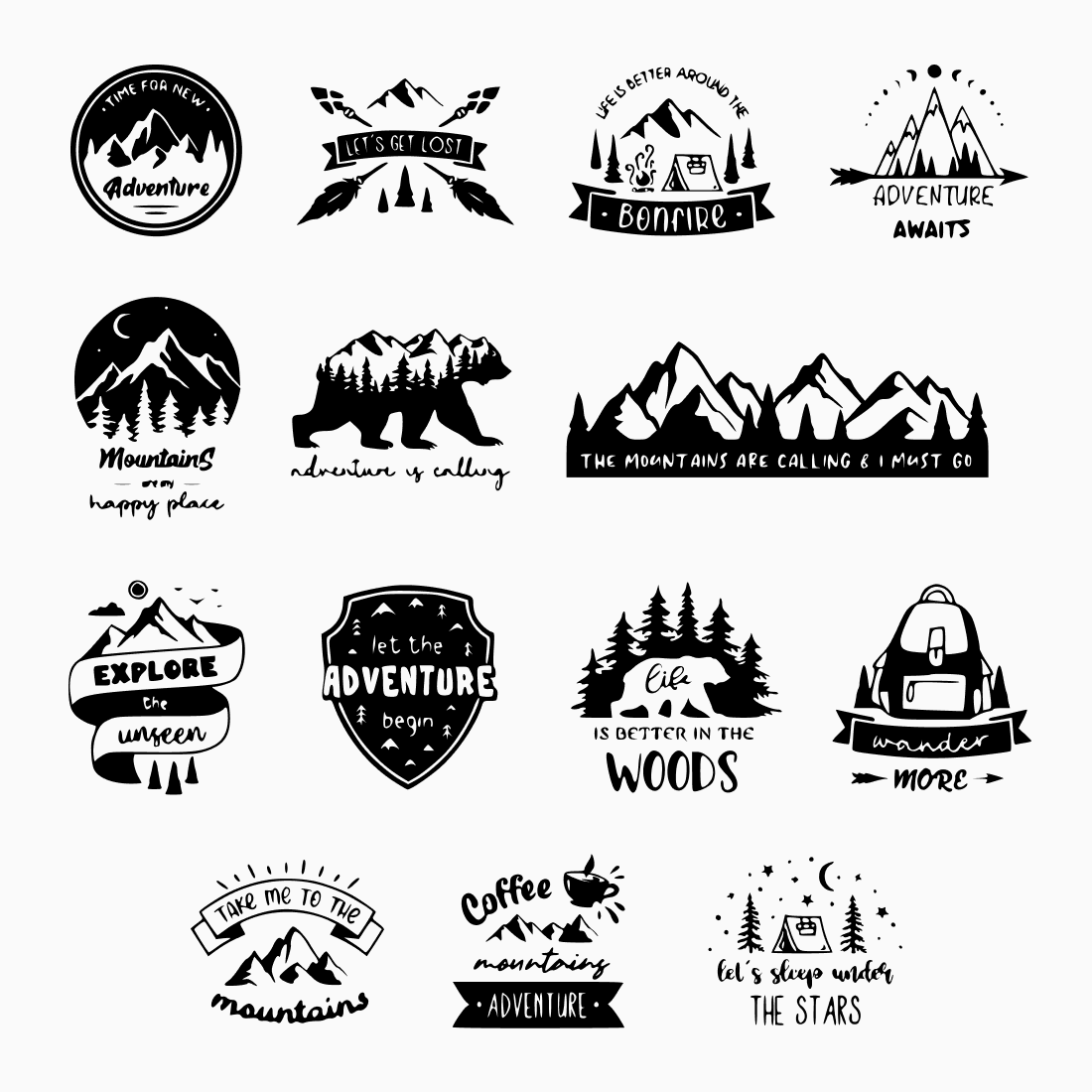 Various logos on the theme of mountains, forests, travel.