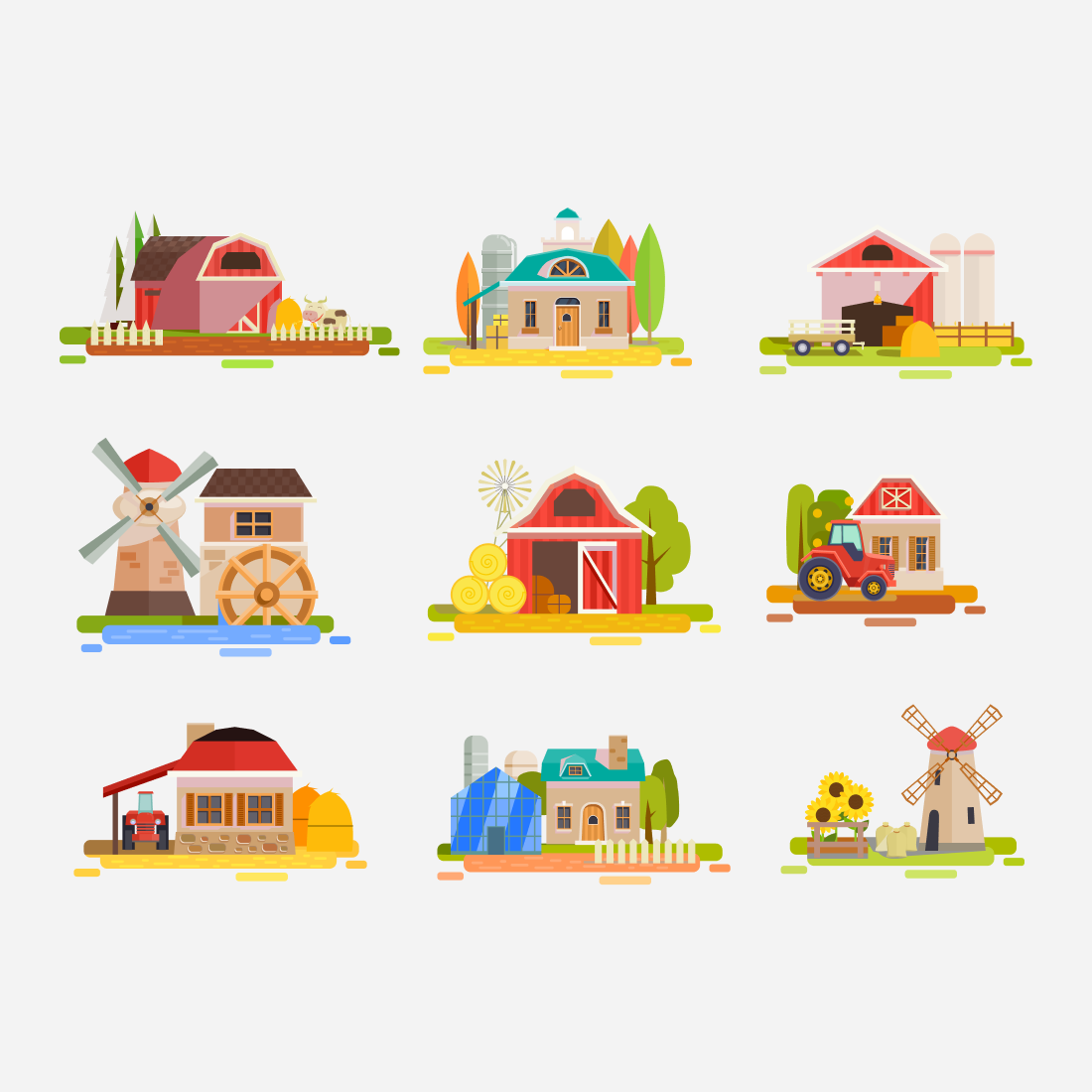 Bunch of different types of houses and windmills.