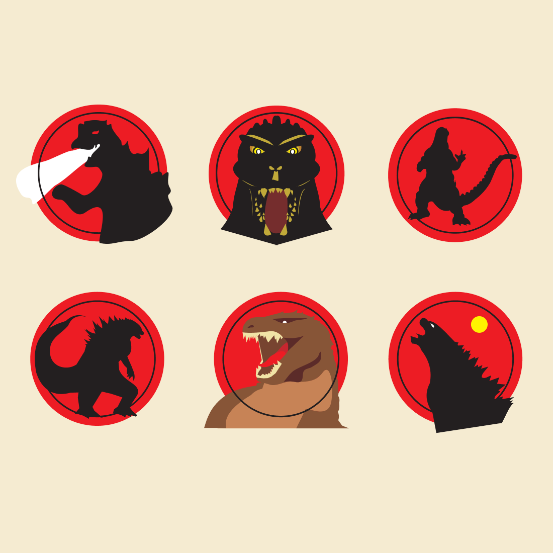 Set of four stickers depicting godzillas.