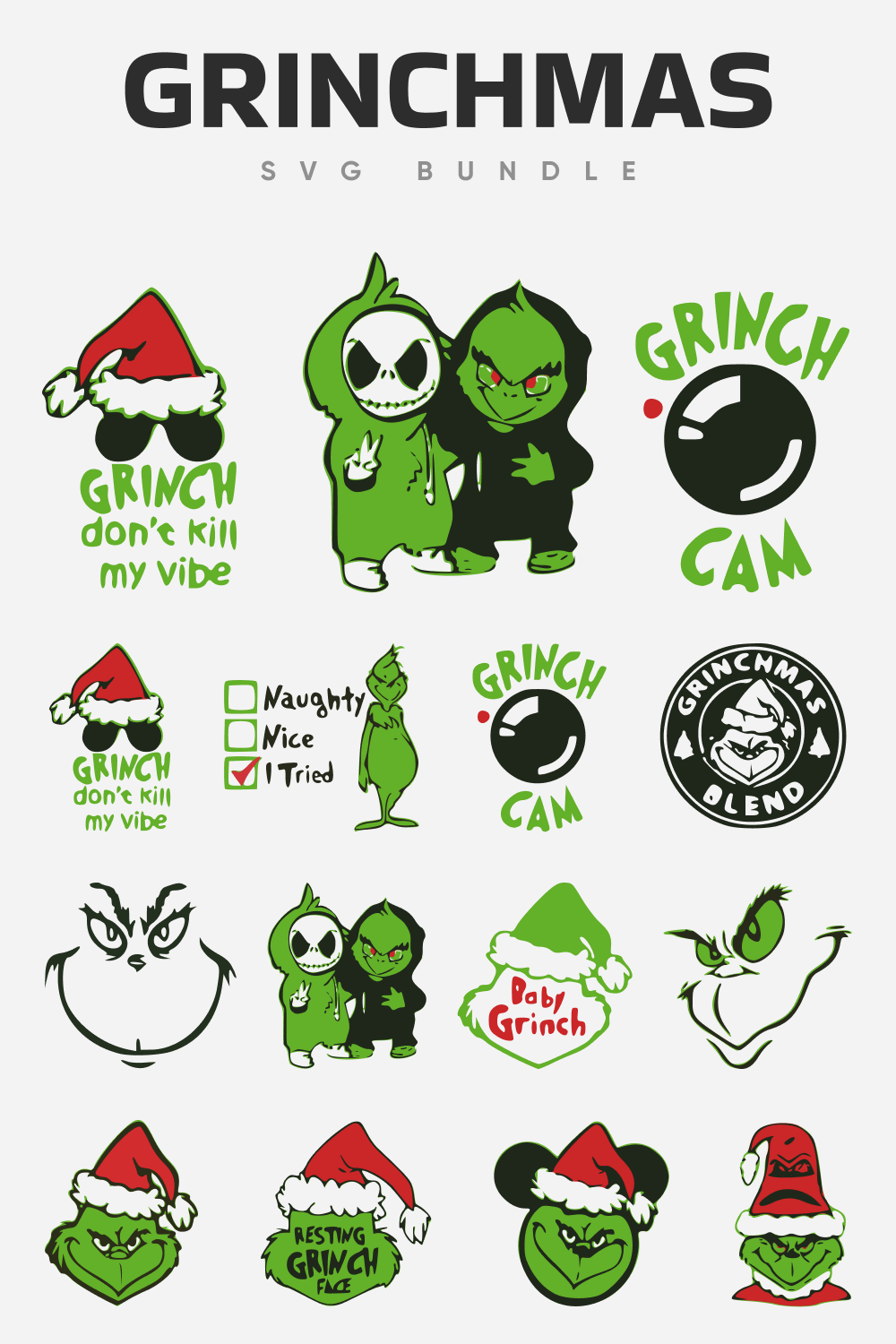 Grinch grin in different variations to create a cheerful mood.