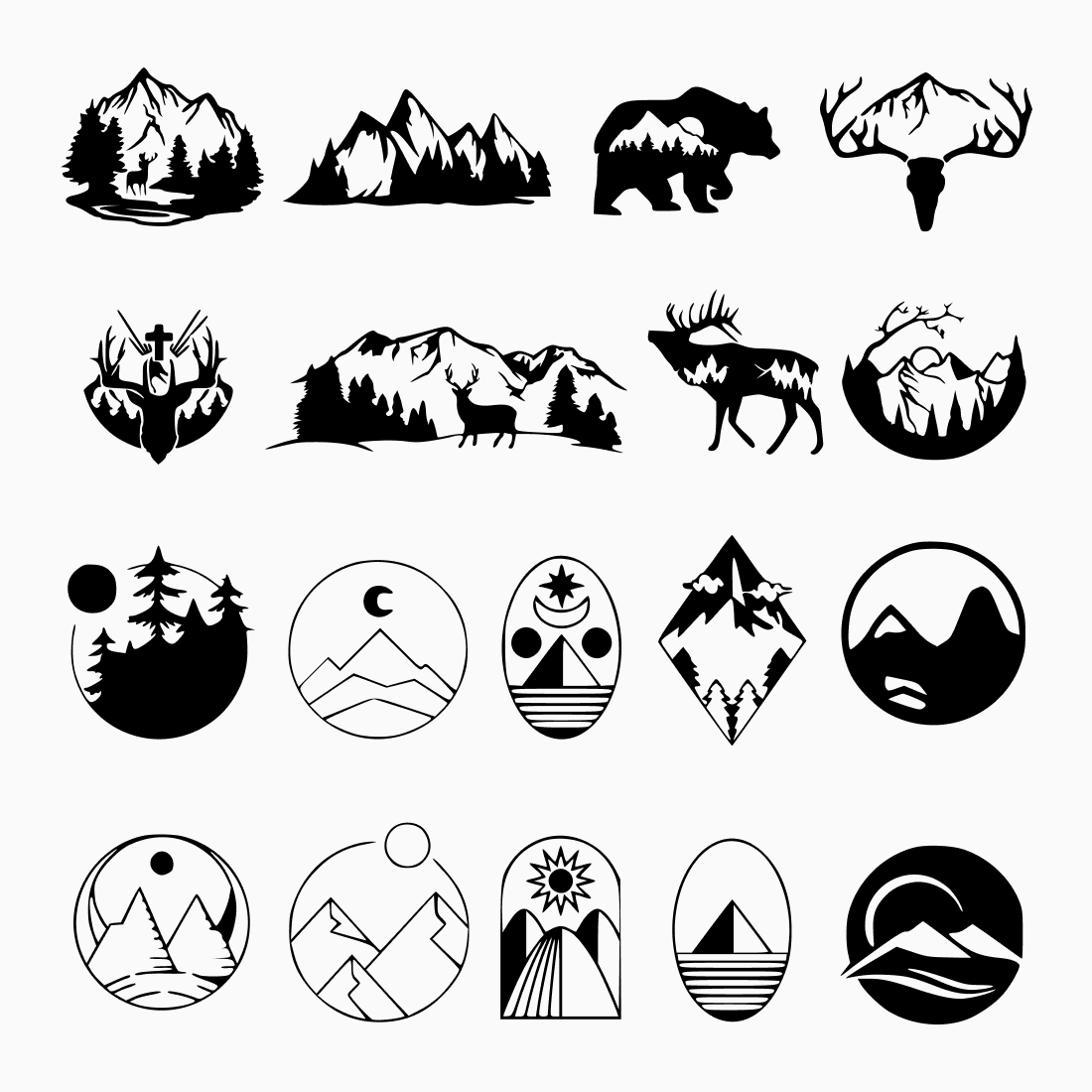 Logo of mountain forest and various animals.