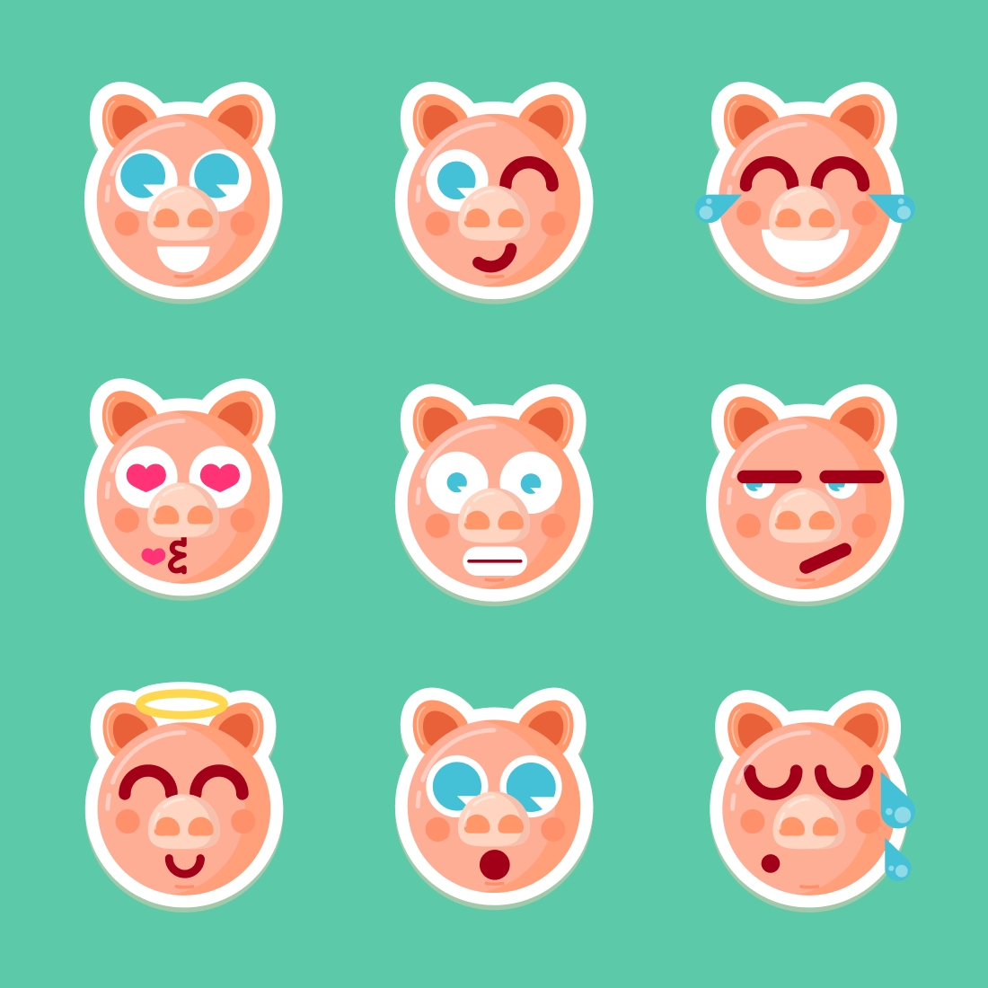 Set of six stickers with different faces.