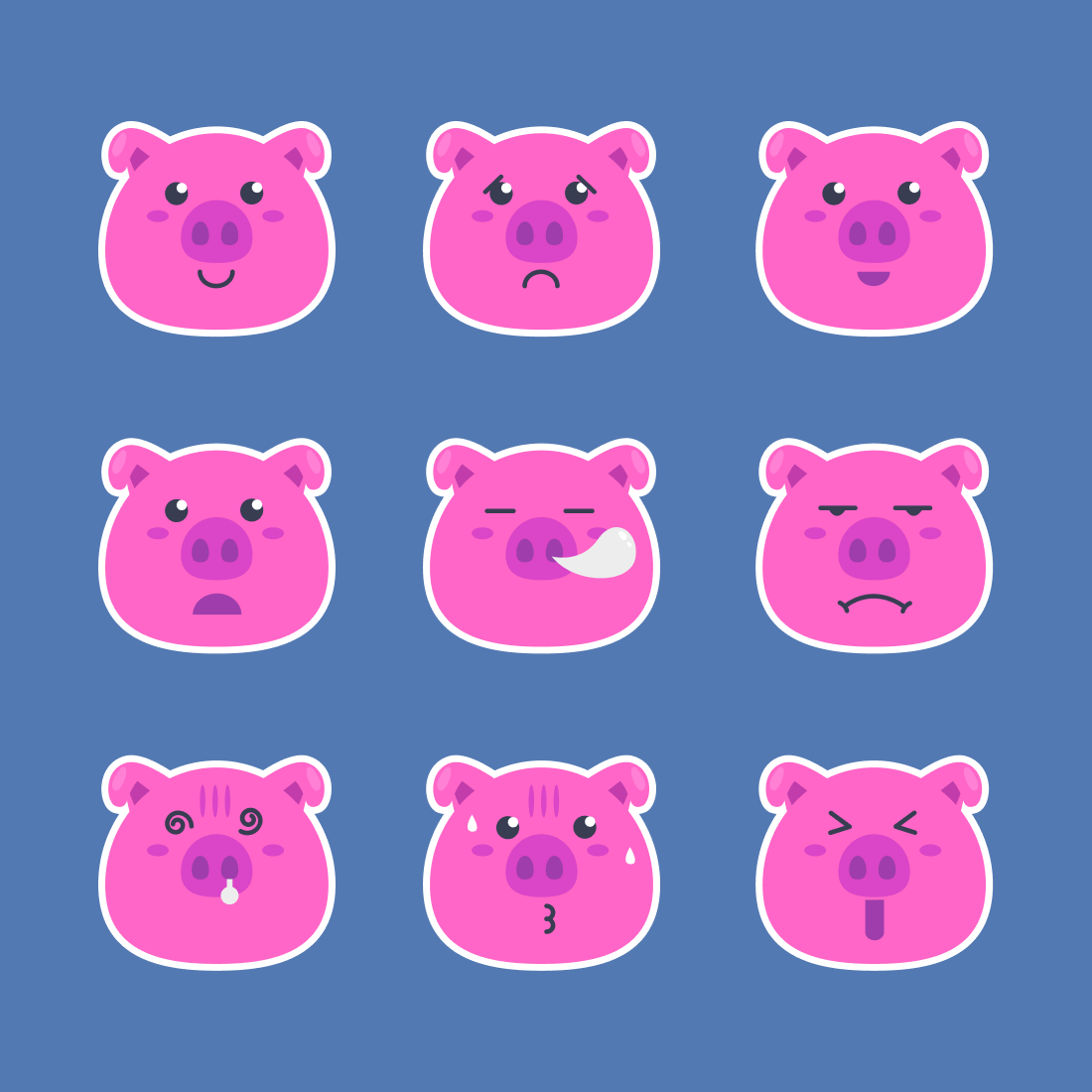 Set of six pink pigs with different expressions.