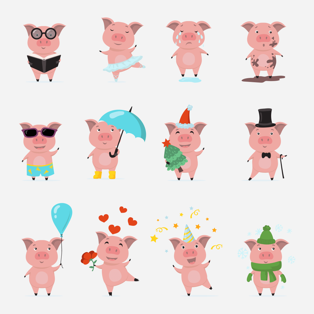 Set of pig characters in various poses.
