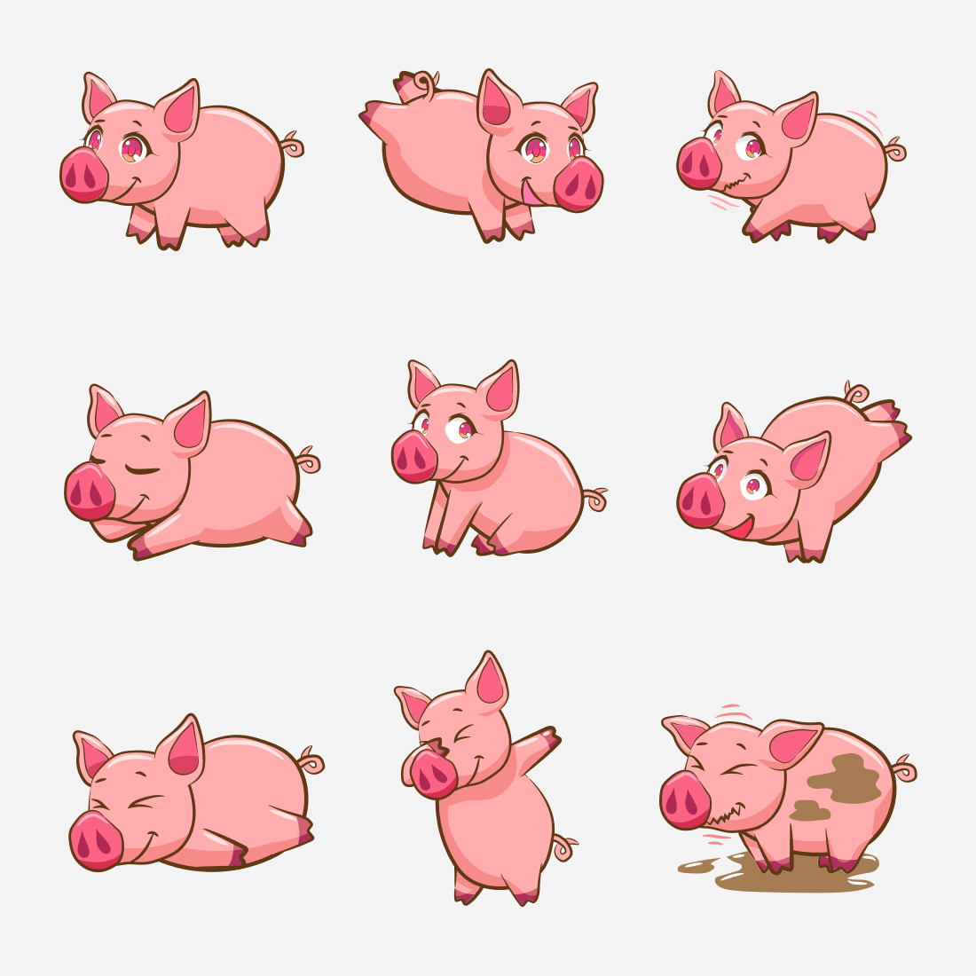 Set of cartoon pigs with different expressions.