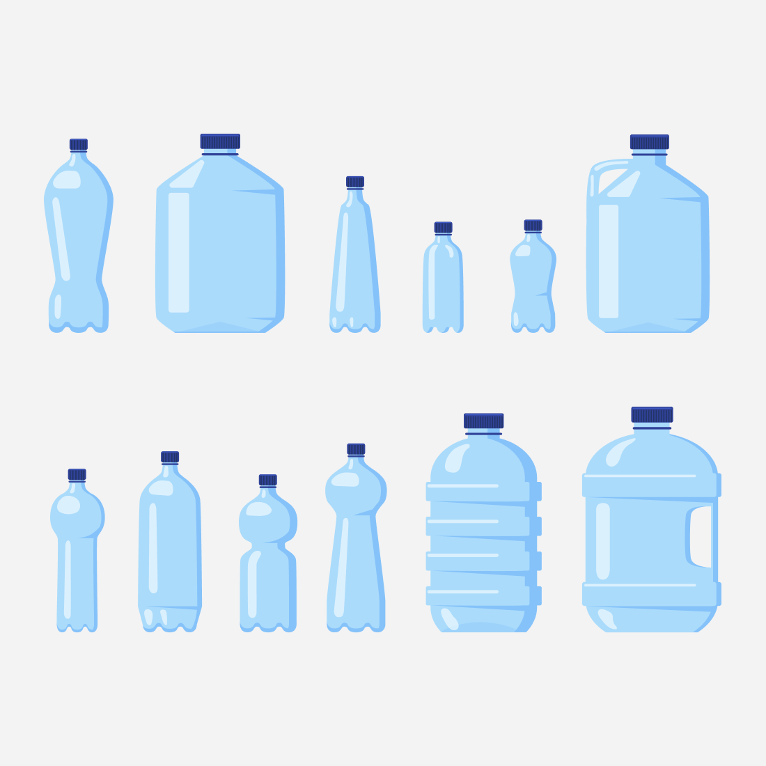 Blue Water Bottles of Different Sizes and Shapes.