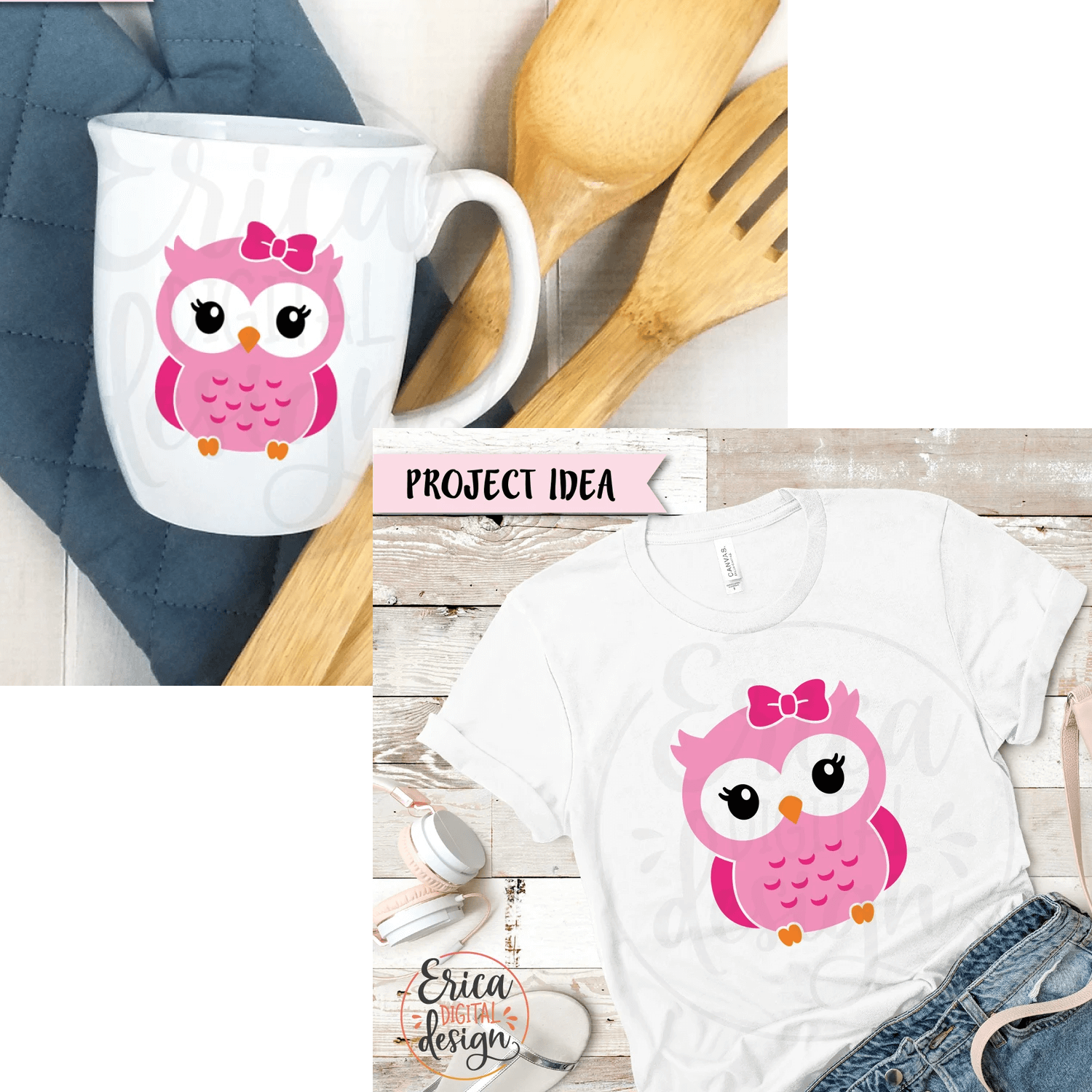 White shirt with a pink owl on it.