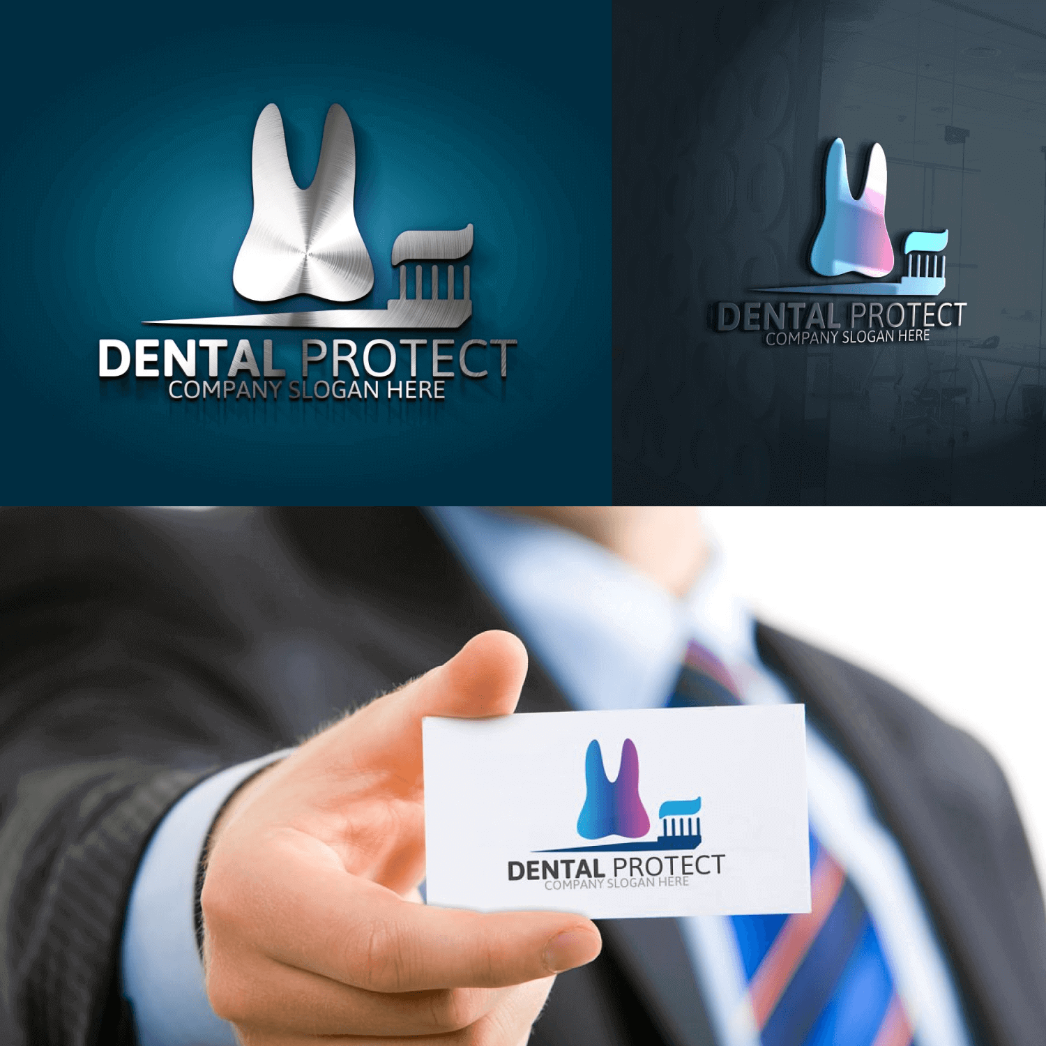 Dental Protect on White, Blue and Black Background.