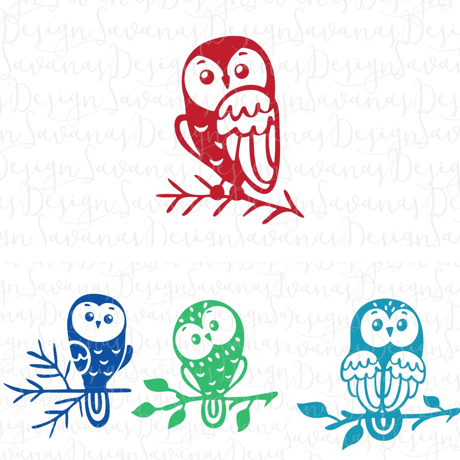 Three owls sitting on a branch with leaves.
