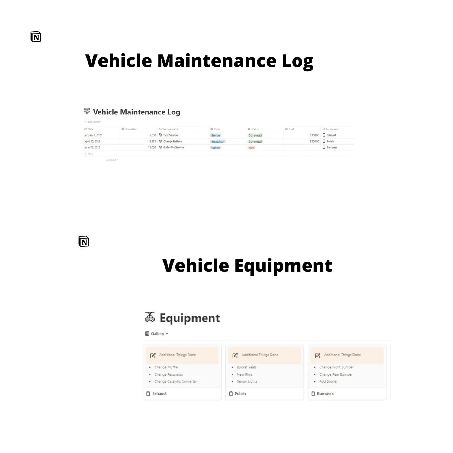 Vehicle maintenance log.