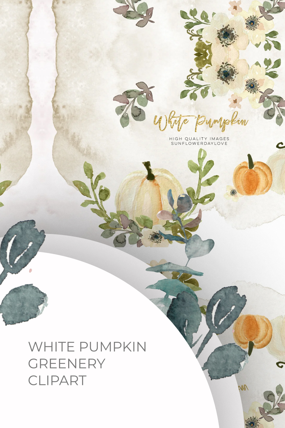 03 white pumpkin greenery clipart1000x1500