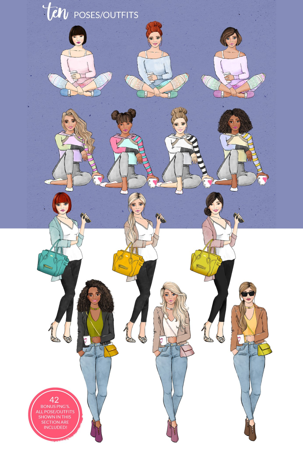 Different ladies with different hairstyles and skin tones.