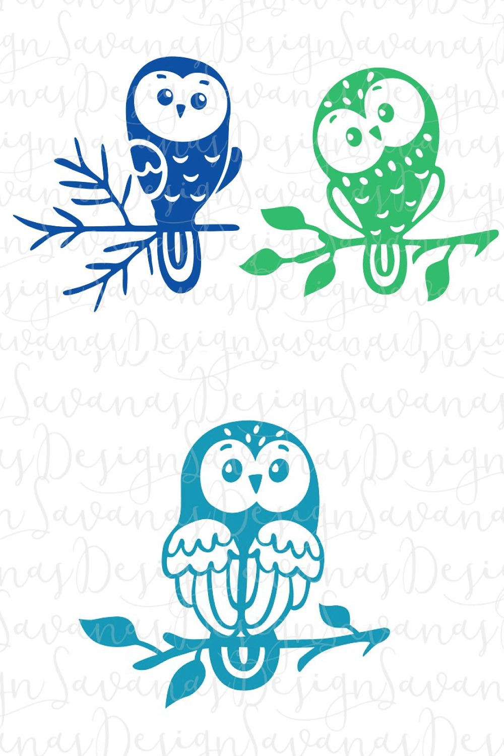 Three Owls in Green and Blue Colors.