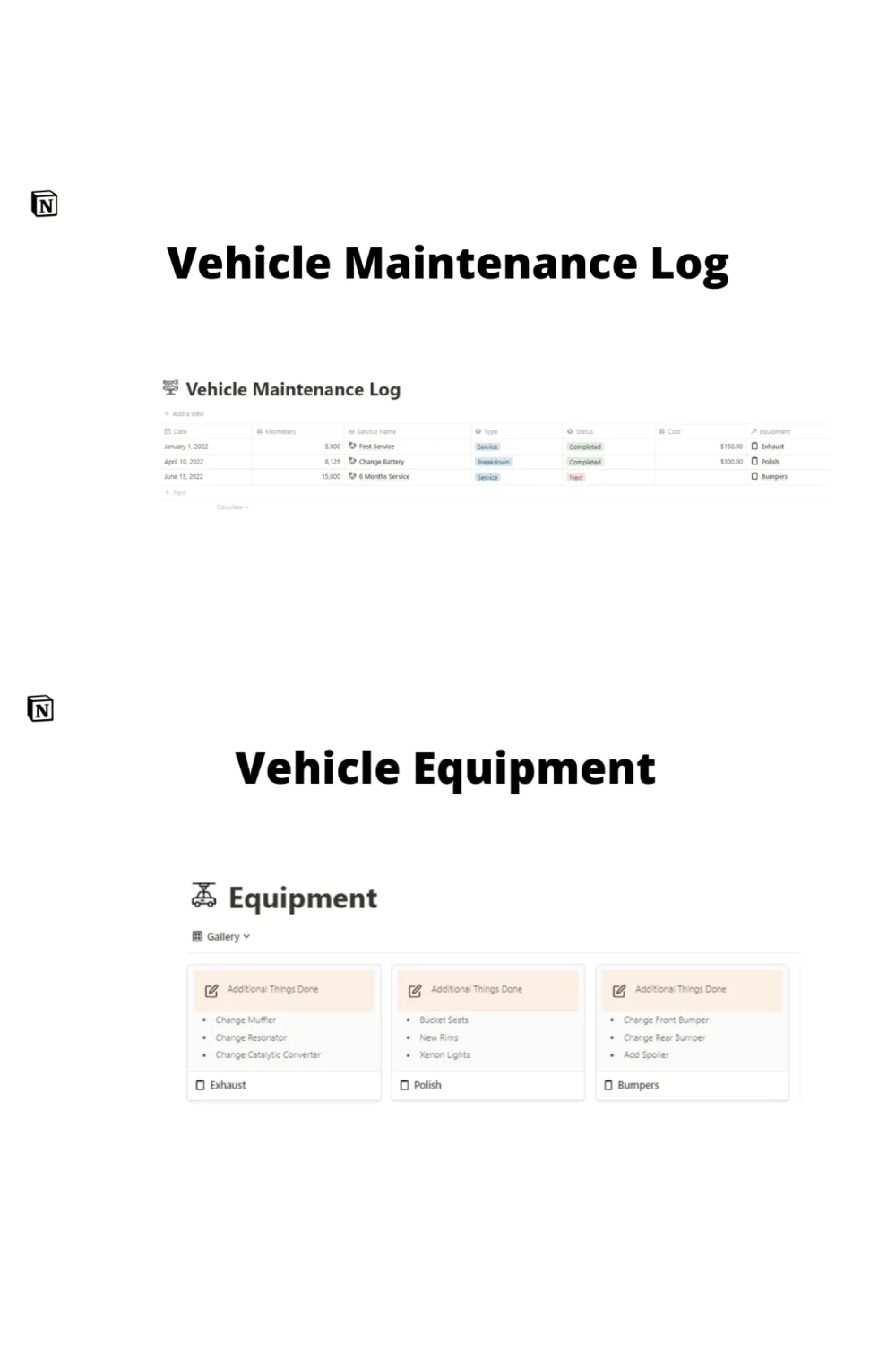 Vehicle maintenance log.