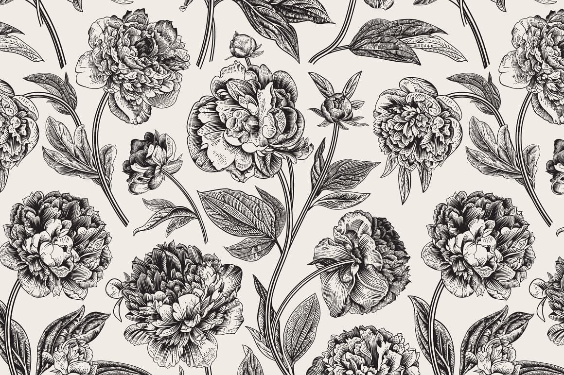 Cover Peonies BW Floral Pattern.