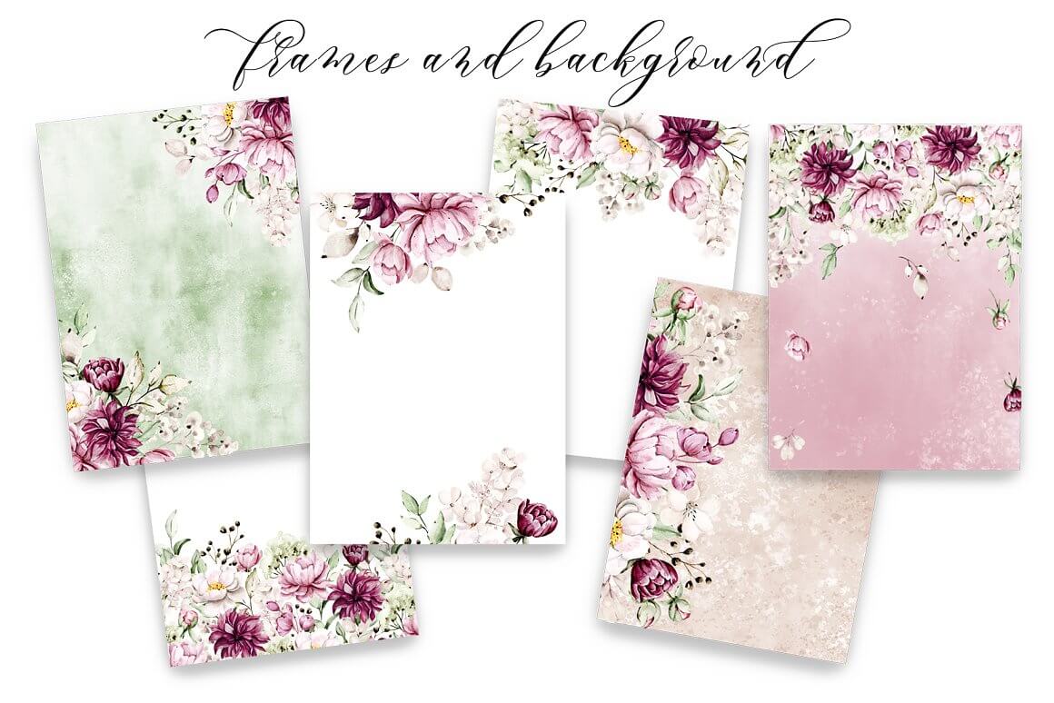 Peony Watercolor Paintind in Frames and Background.
