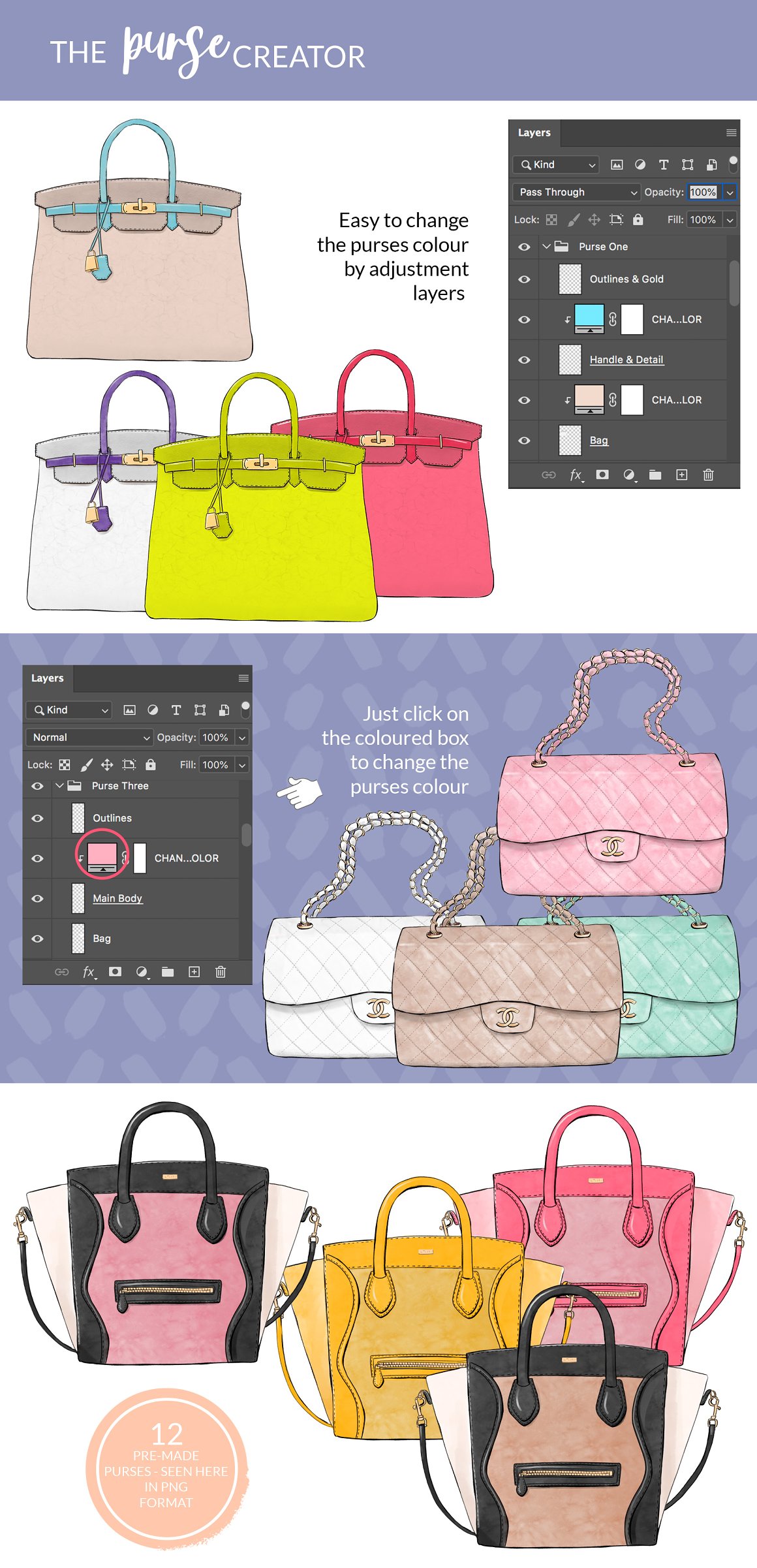 A variety of women's handbags of different types and colors.