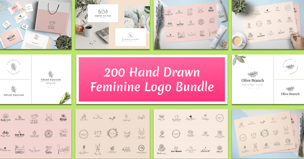 huge hand drawn feminine logo bundle.
