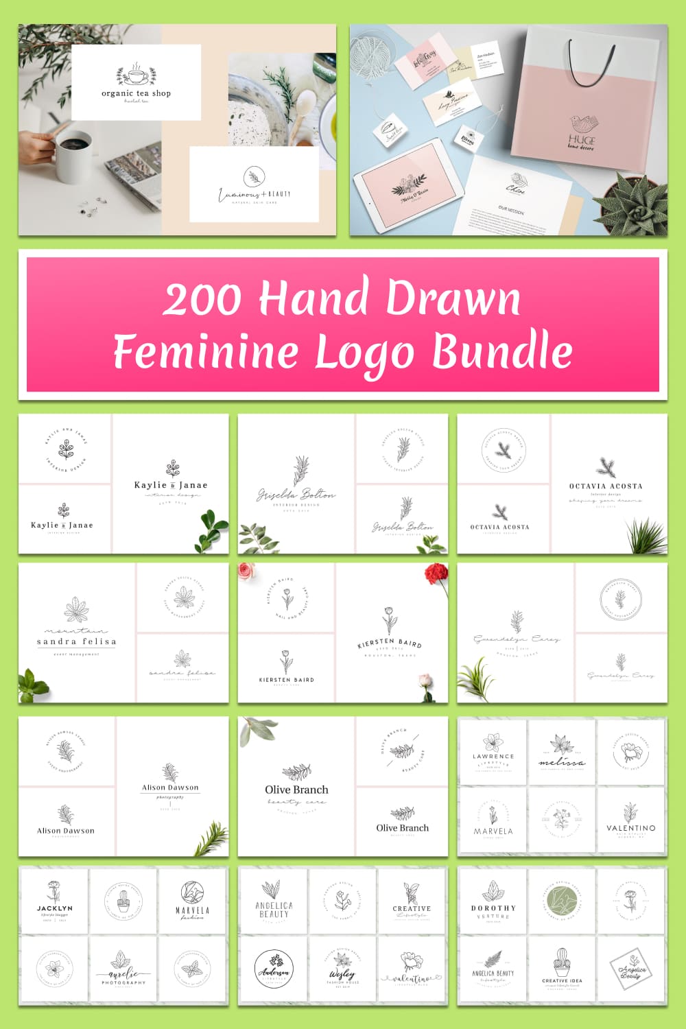 big hand drawn feminine logo bundle.
