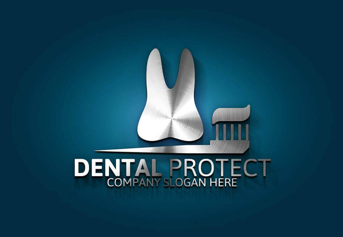 Silver things of Dental Protect Company on Blue Background.