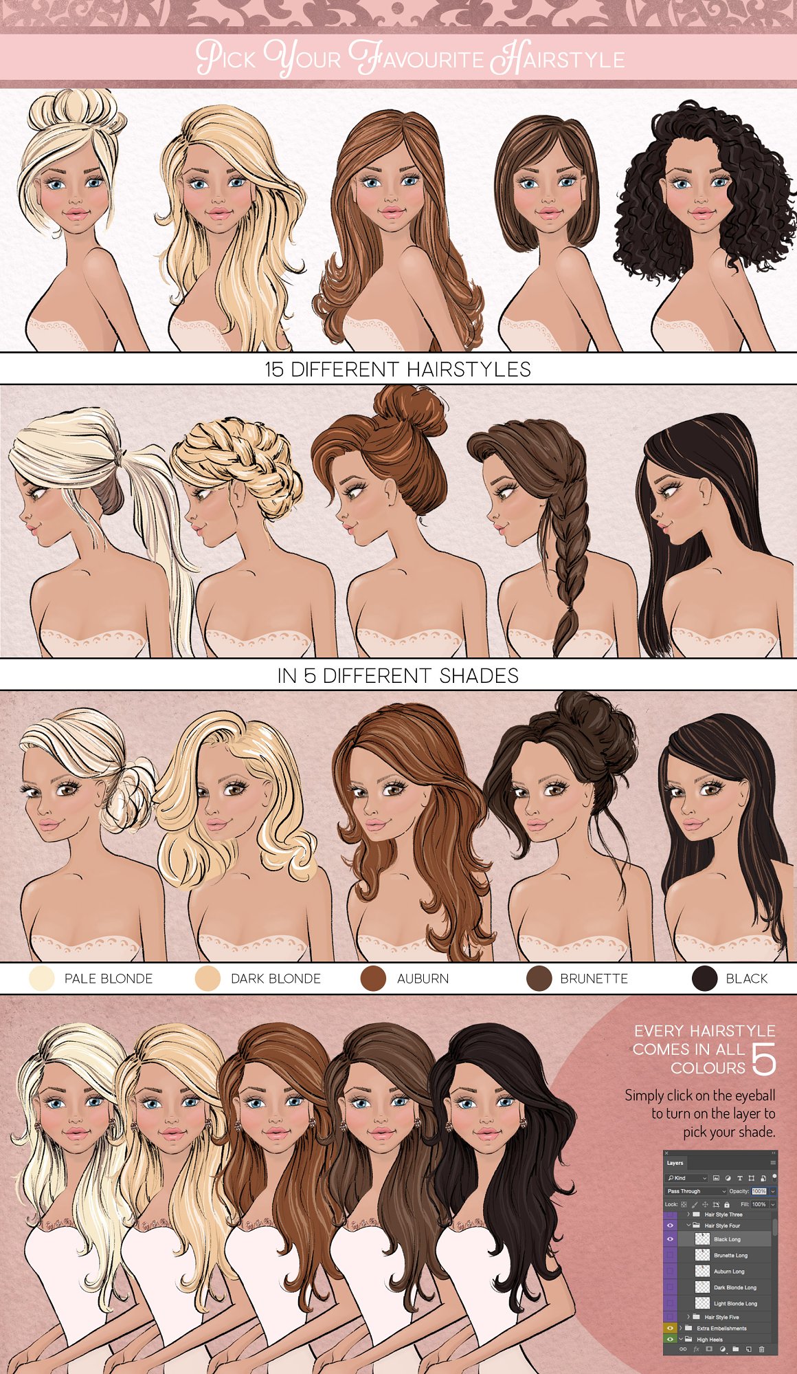 Ladies with different hairstyles and hair colors.