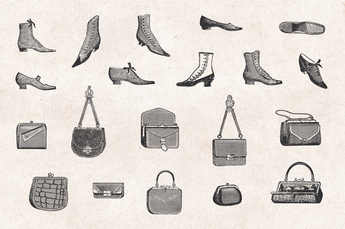 Shoes and handbags and other pieces of women's wardrobe.