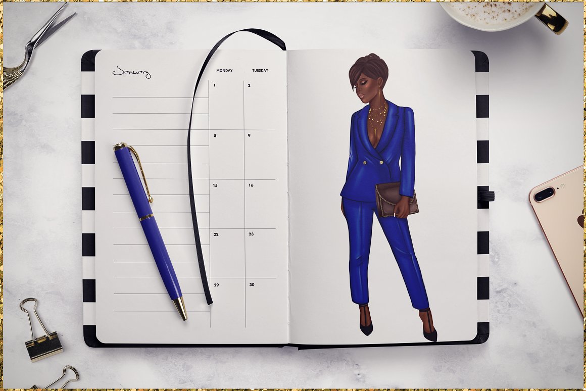 Beautiful blue suit on a girl in a notebook.