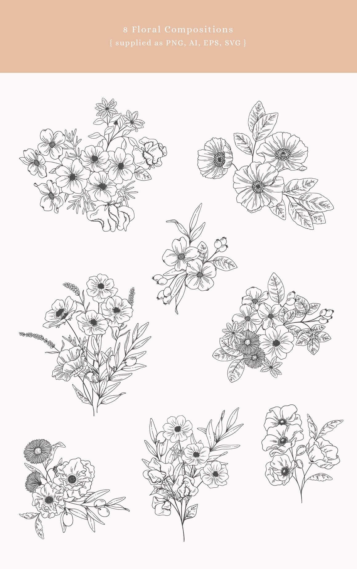 8 Floral Compositions Supplied as PNG, AI, EPS, SVG.