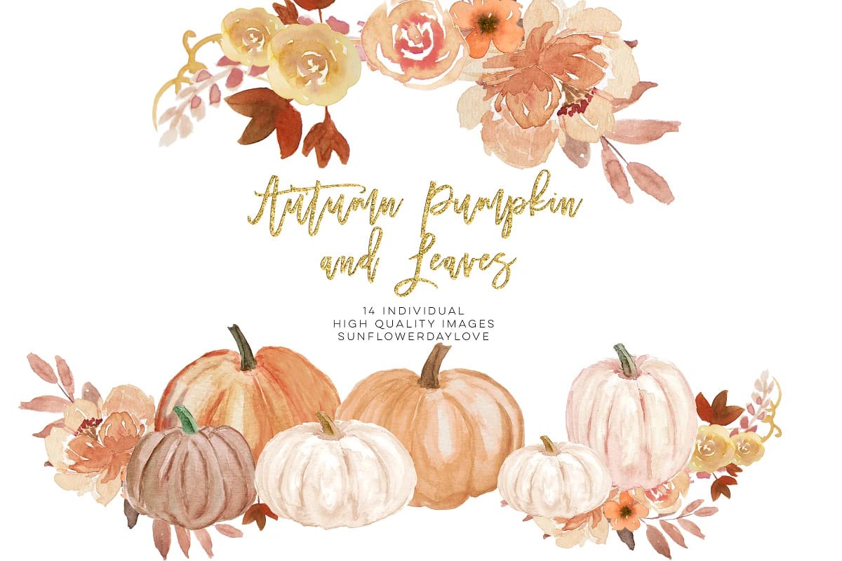 autumn pumpkin and leaves, watercolor design.