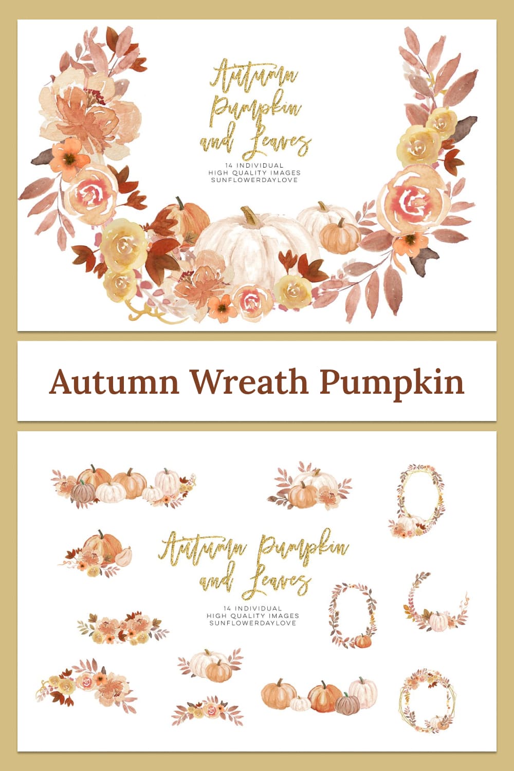 autumn wreath pumpkin clipart, watercolor illustrations.