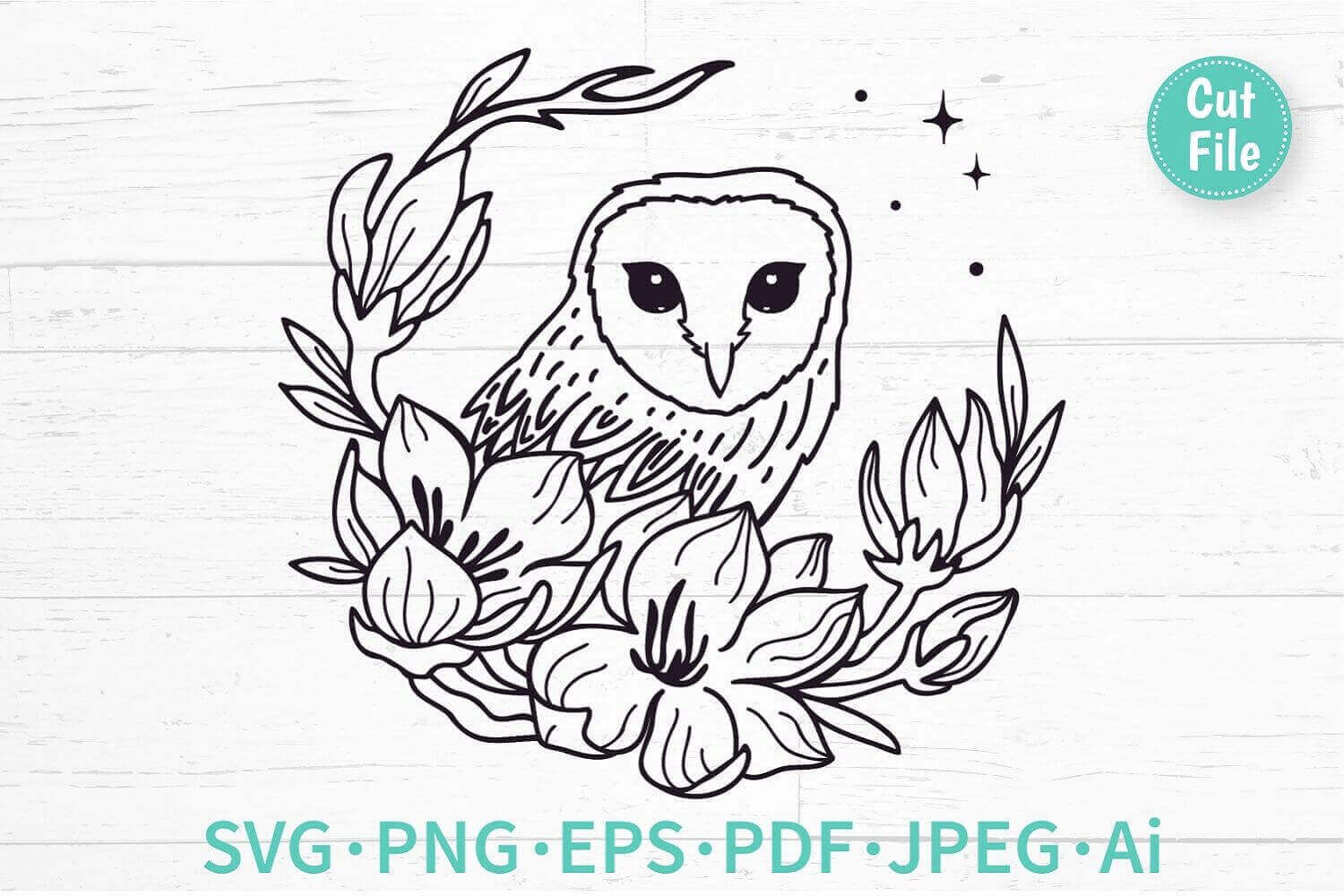 Boho Owl with Flowers SVG, PNG, EPS, PDF, JPEG, AI.