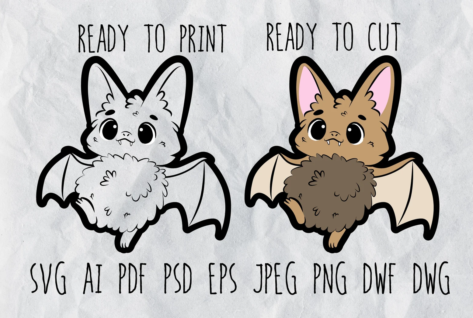 cute bat sticker ready to print! this kawaii svg includes the svg files for Cricut and dxf files for plasma.