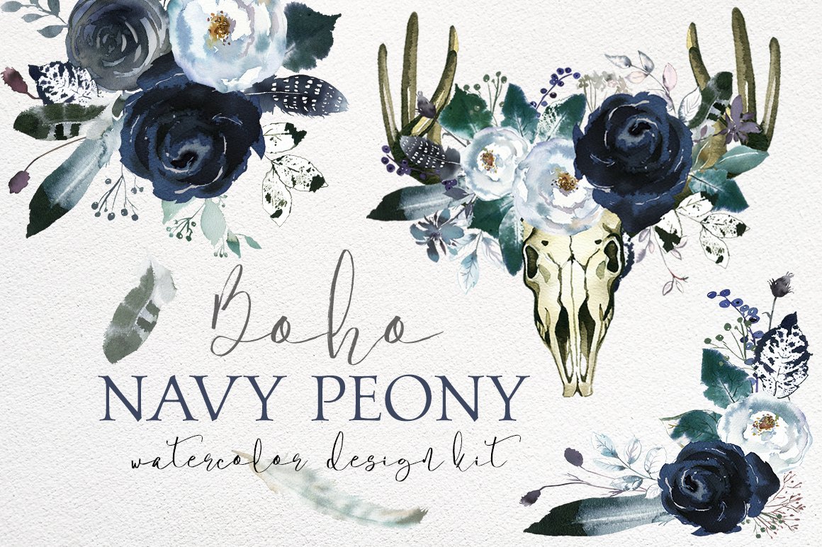 Boho navy peony watercolor design kit display.