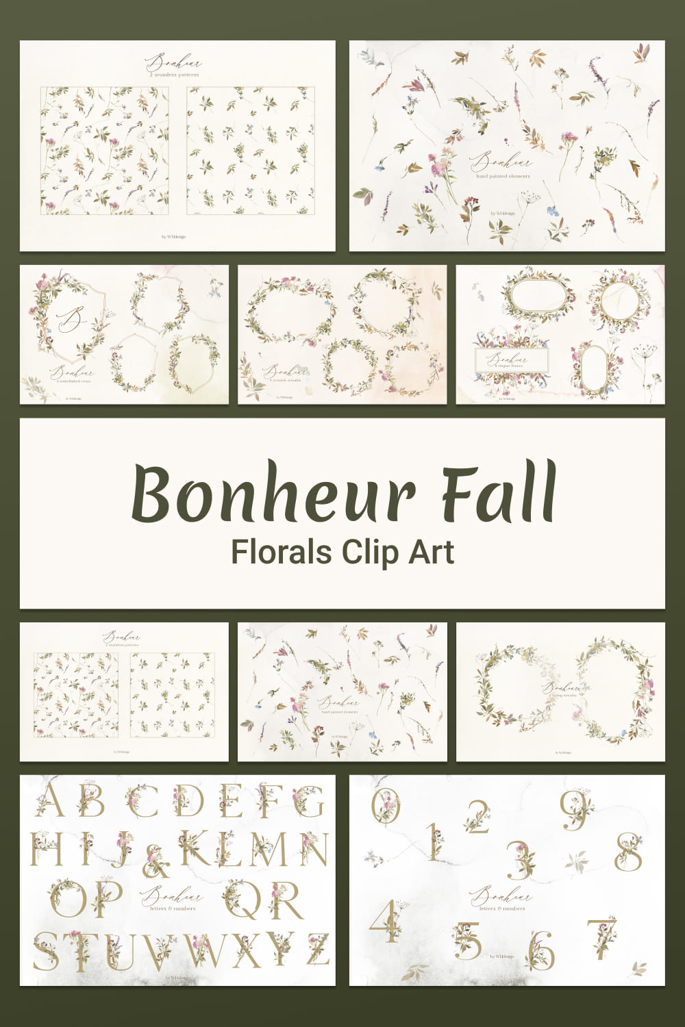 bonheur fall florals clip art, handdrawn elements.
