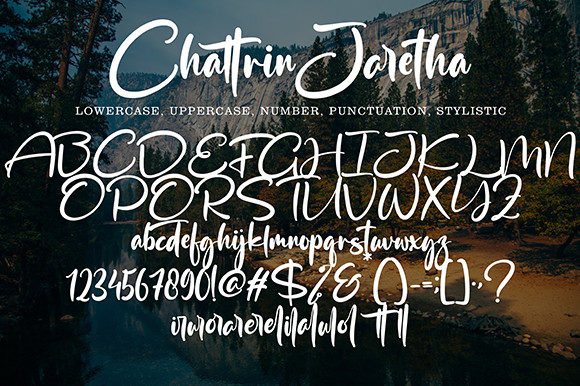 chattrin jaretha font, letters, numbers, punktuation, stylistic.