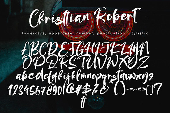 christtian robert font, letters, numbers, punktuation, stylistic.