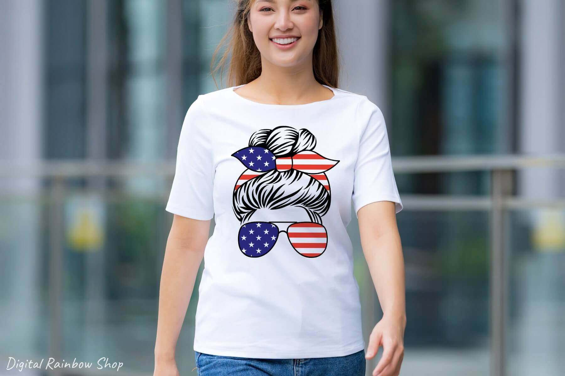White T-shirt with Messy Bun Bundle with American Design.