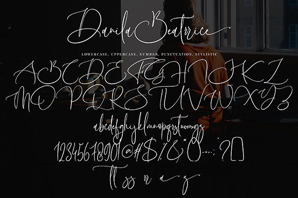 danila beatrrice font, letters, numbers, punktuation, stylistic.