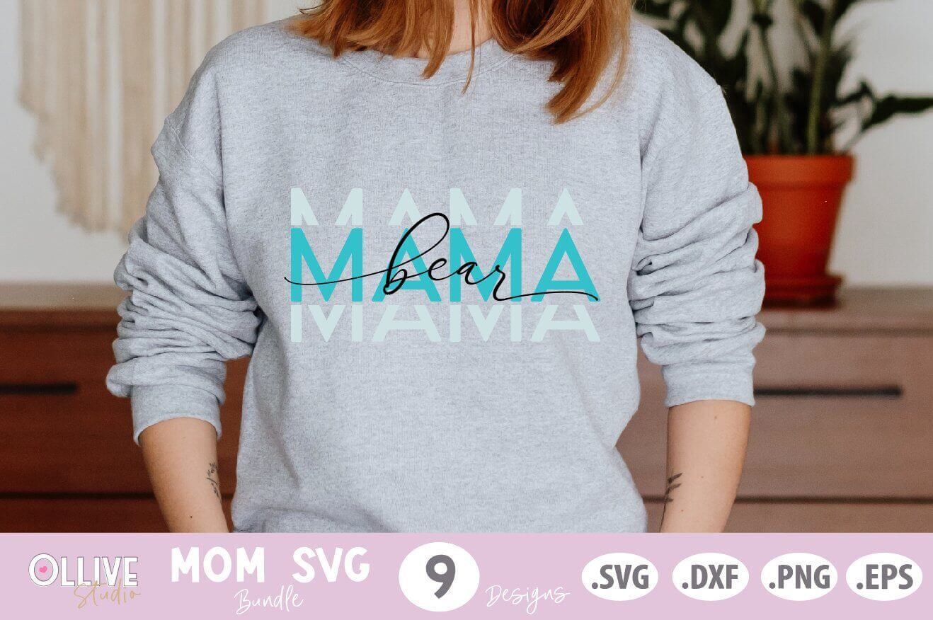 Grey Pullover with Words Mama Bear in Black and Blue Color.