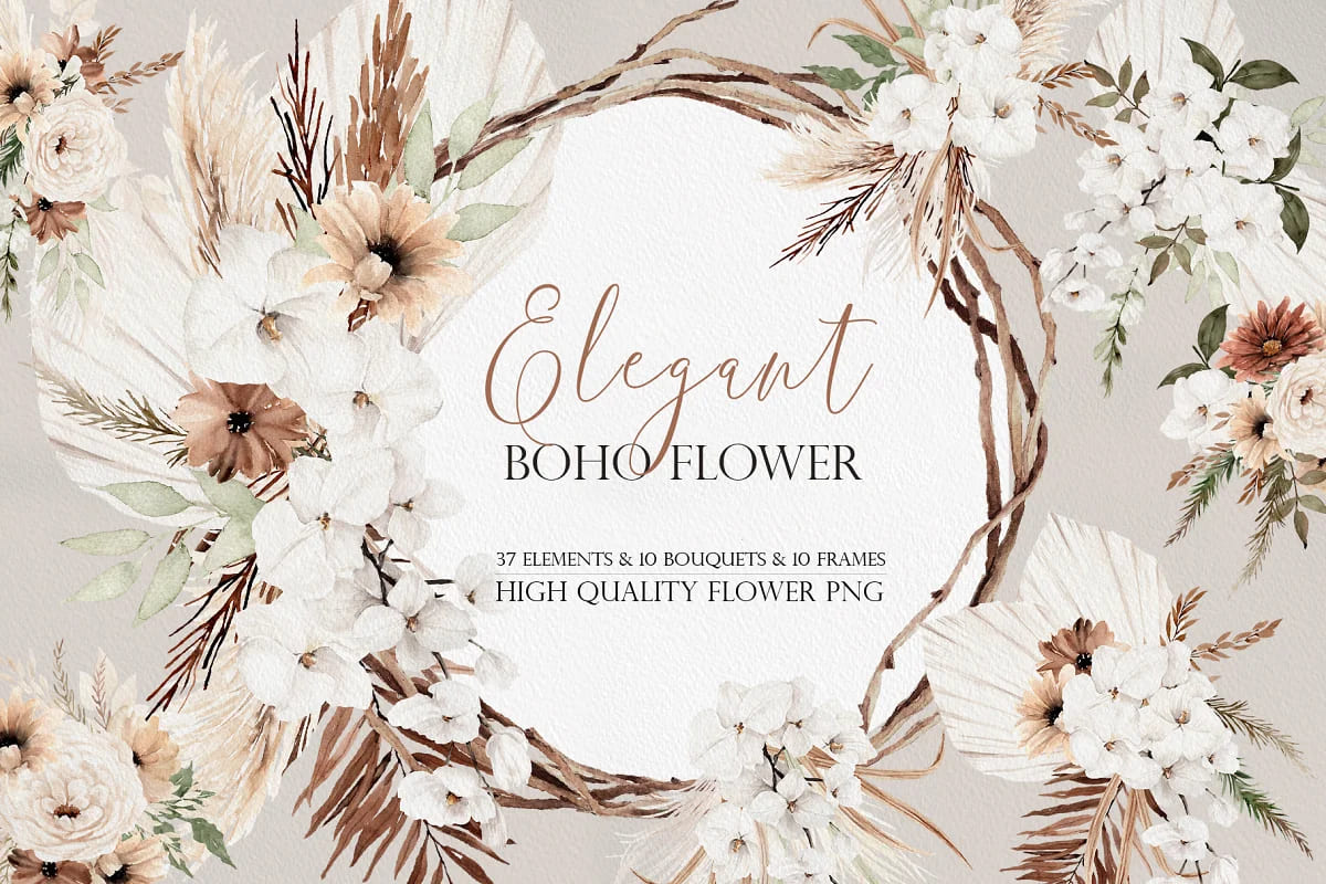 elegant bohemian watercolor beige flowers.