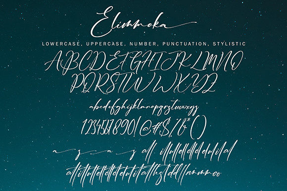 elimmoka font, letters, numbers, punctuation, stylistic.