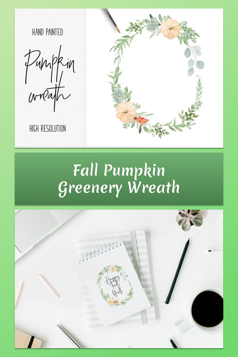 fall pumpkin greenery wreath handpainted illustrations.