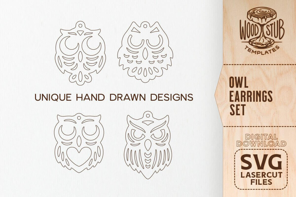 Digital Download Owl Earrings Set.