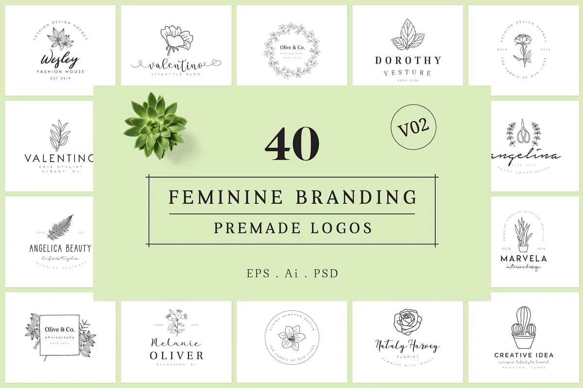 40 hand drawn feminine branding logos.