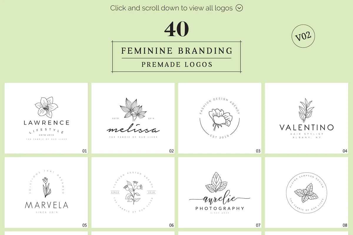 hand drawn branding premade feminine logos.
