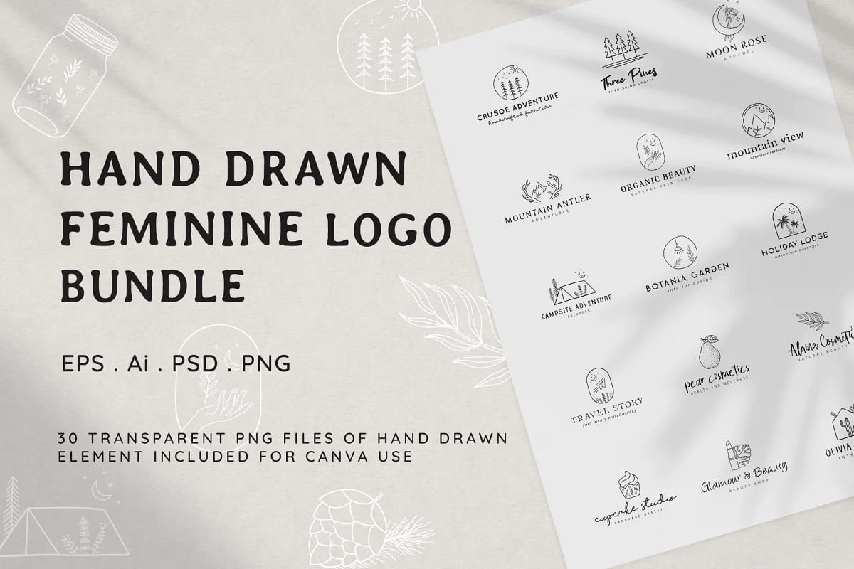 hand drawn feminine logo set of templates.