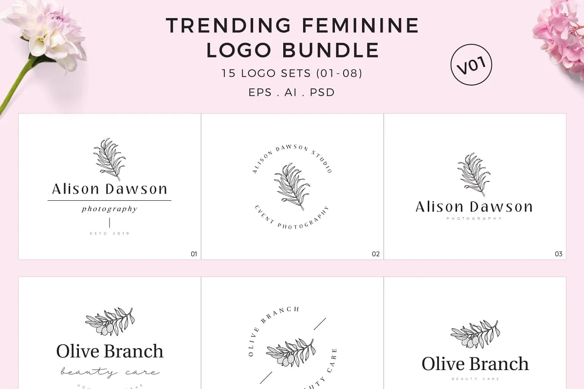 hand drawn feminine logo trending set.