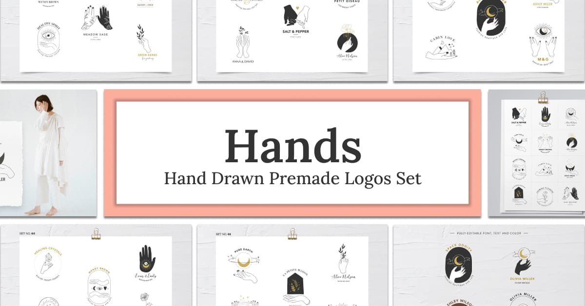 hands hand drawn premade logos set.