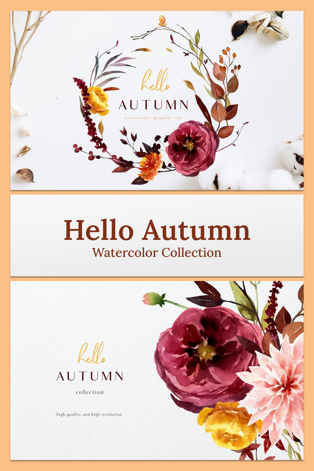 hello autumn watercolor collection with bright fall flowers.